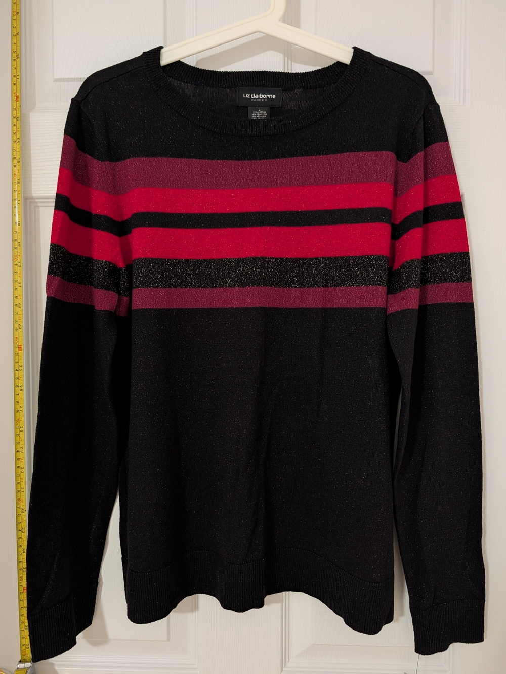 Liz Claiborne Black Crewneck Sweater with Pink and Burgundy Stripes